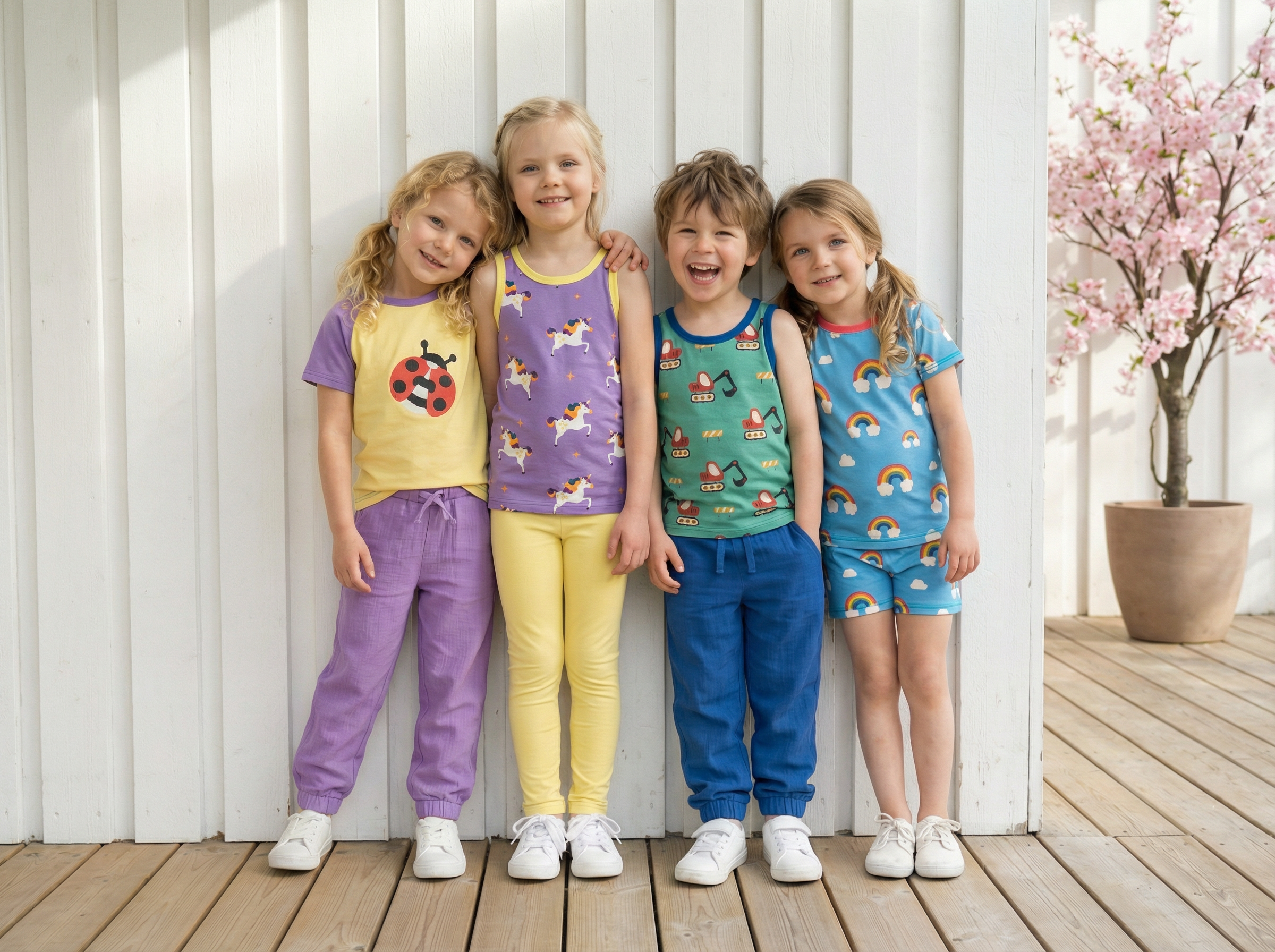 kinderen in kleurrijke Scandinavische kinderkleding van biologisch katoen