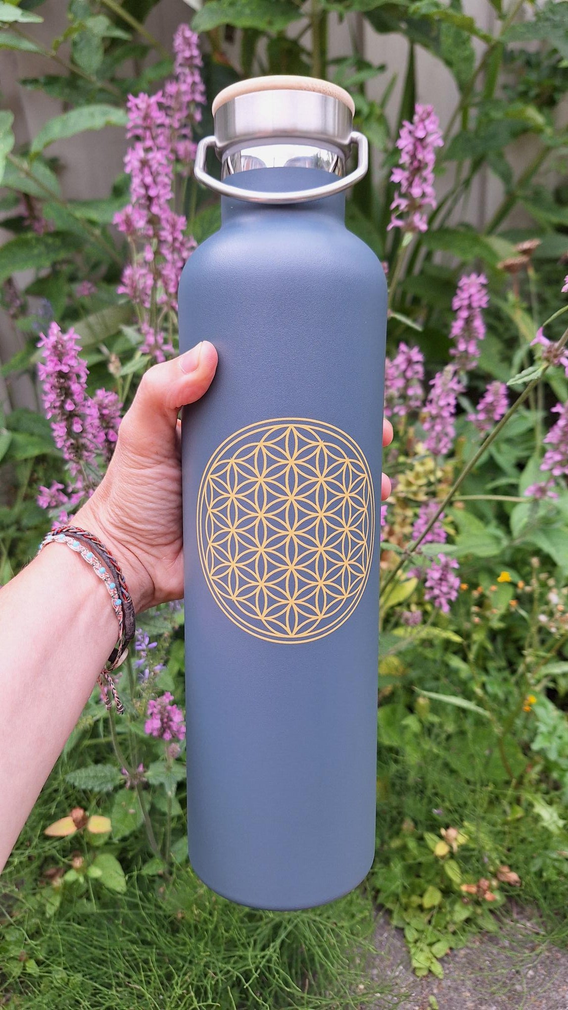 Bodhi Thermosfles "Flower of Life" Antraciet 1000 ml - Bodynova