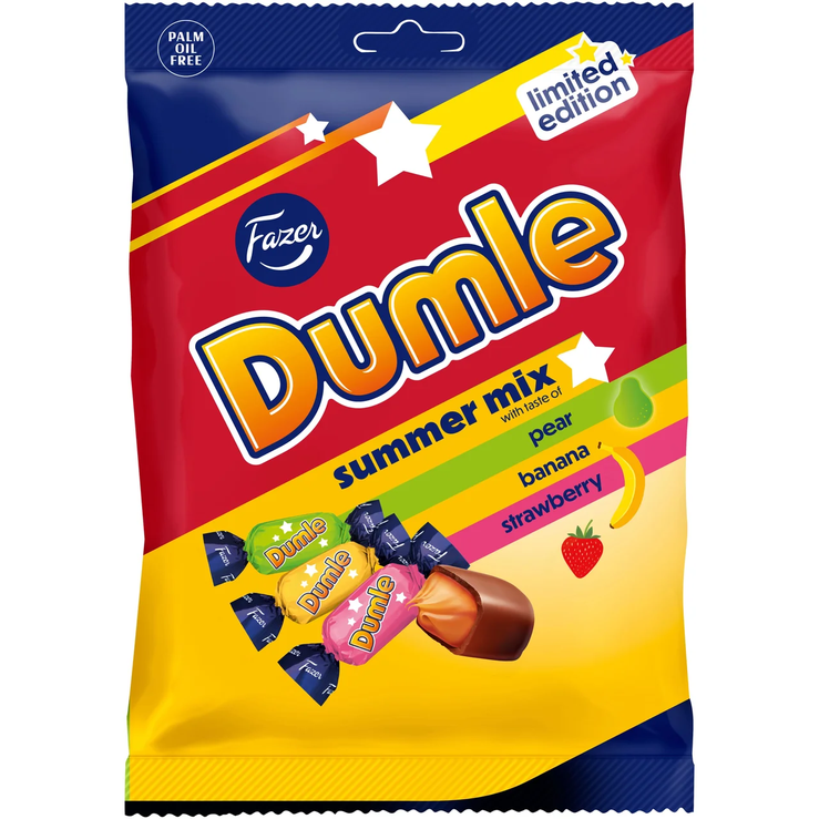 De Fazer Dumle Summer Mix is een fruitige, limited edition variant van de bekende Finse Dumle-snoepjes.