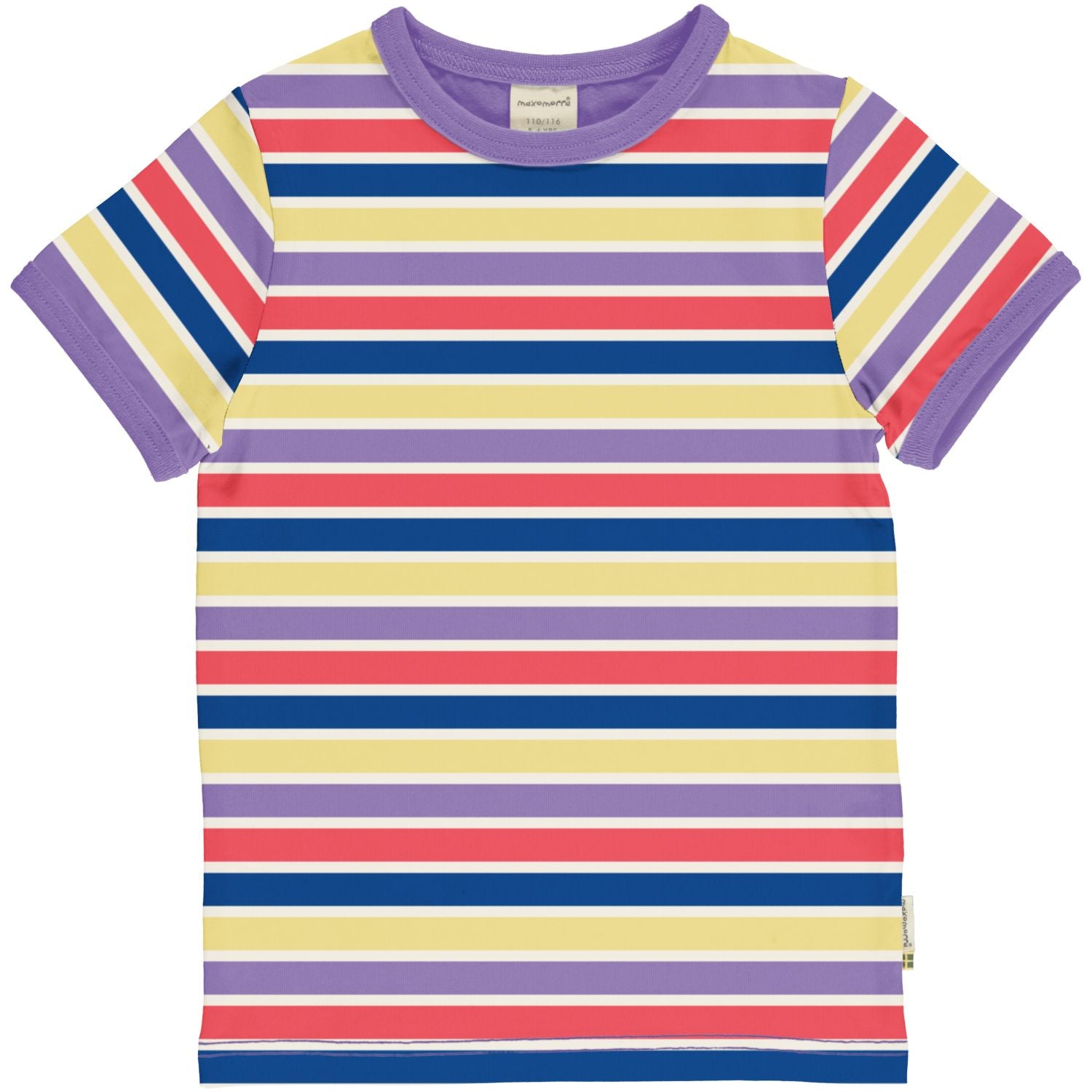 Top van Maxomorra met paars, blauw, rood en geel gestreepte print van biologisch katoen