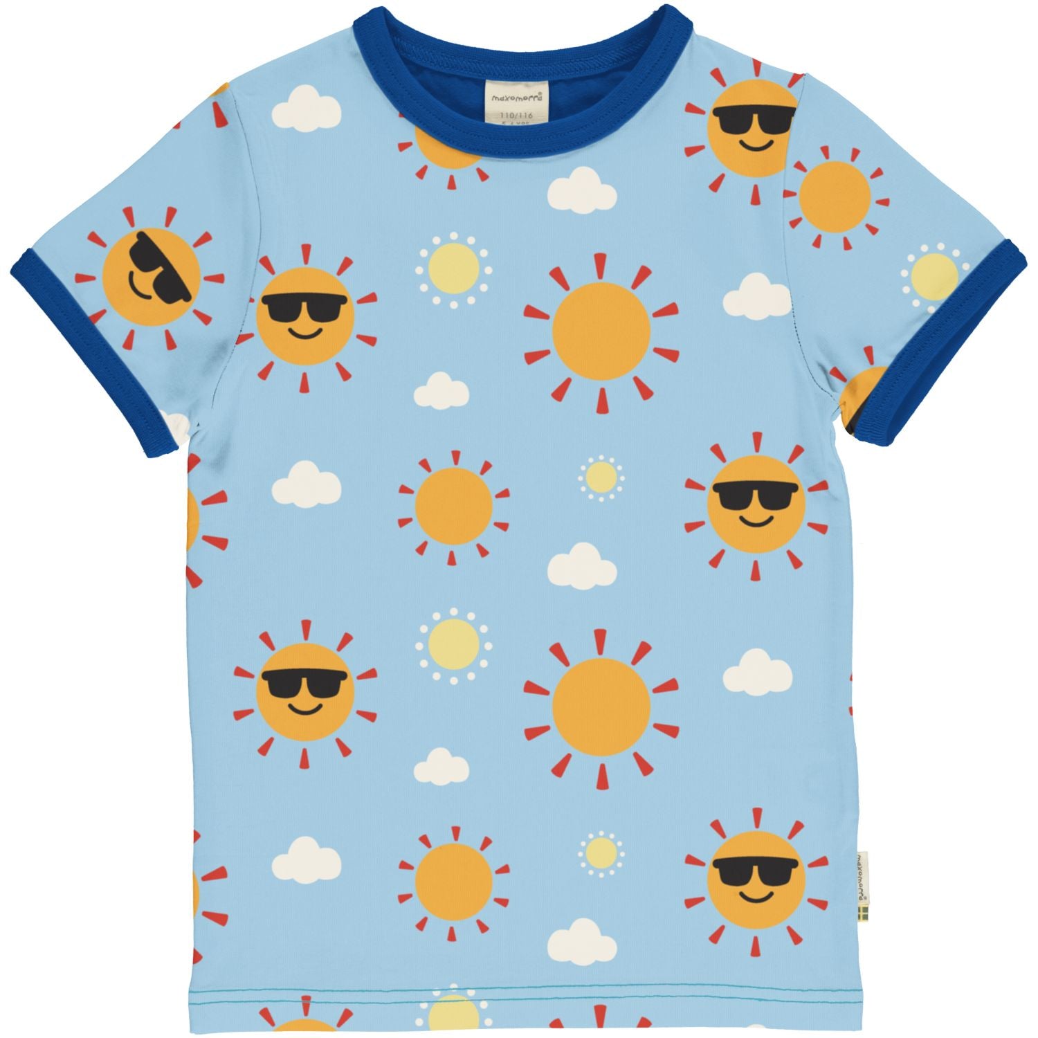 Zacht Maxomorra T-shirt met vrolijke zonnetjes print in blauwe kleur van biologisch katoen