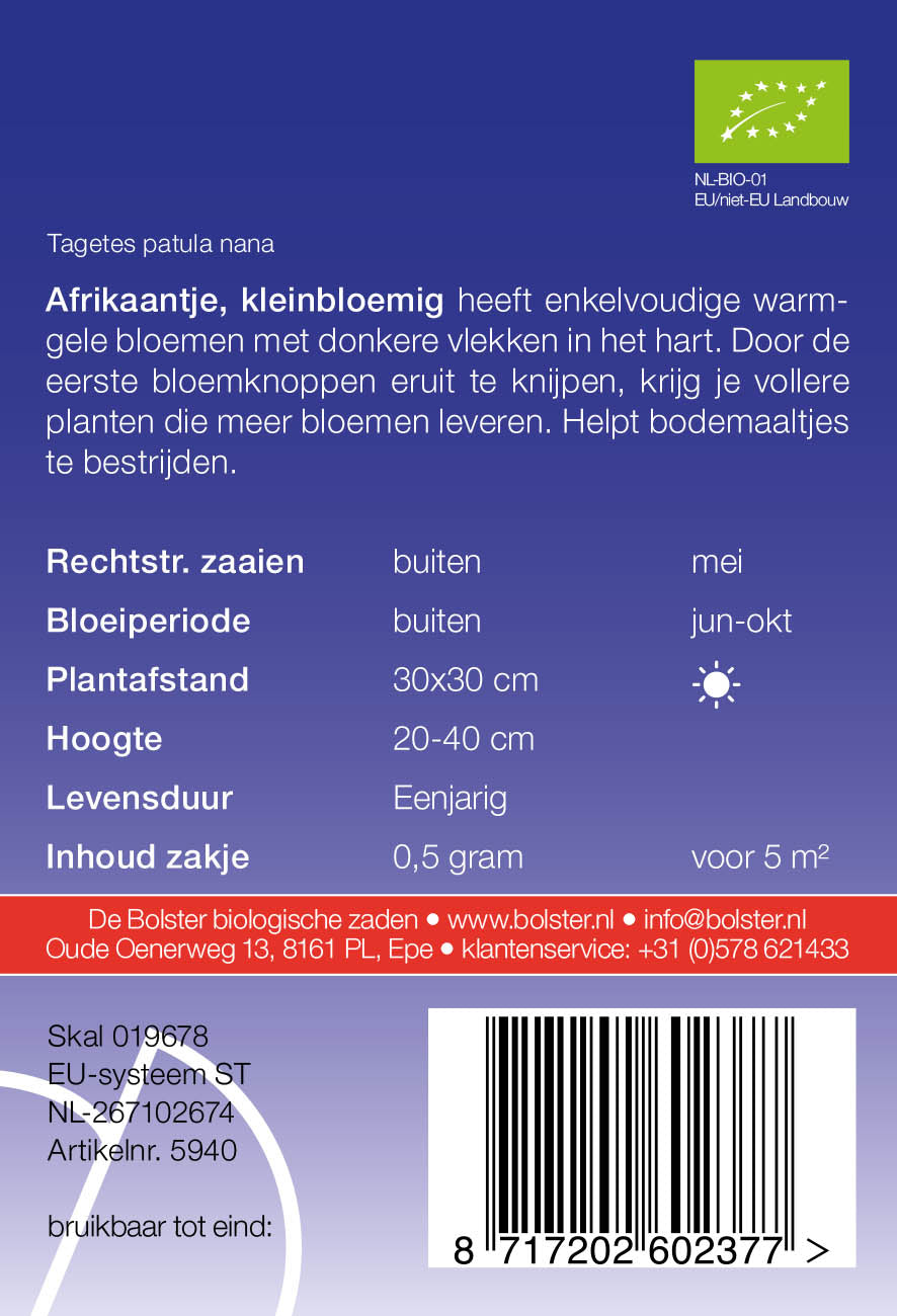 Afrikaantje 'kleinbloemig' biologische zaden - De Bolster