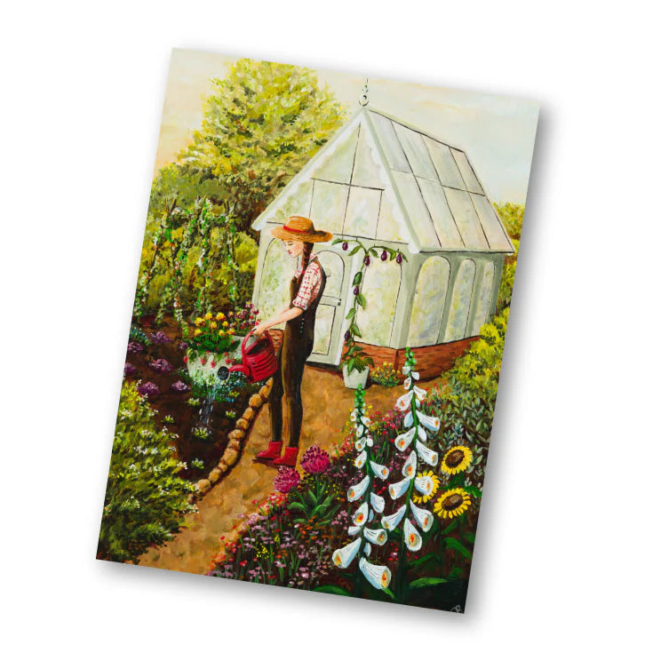 Illustratiekaart Groei met een vrouw die liefdevol de bloemen water geeft in haar moestuin en kas