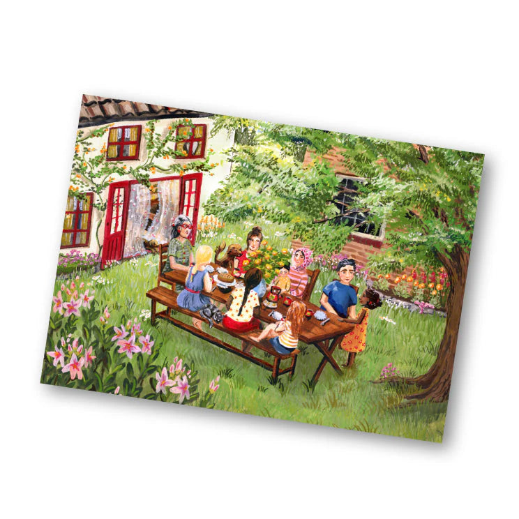 Illustratiekaart Zomerdagen met een warme, zomerse illustratie in de tuin met vrienden en familie