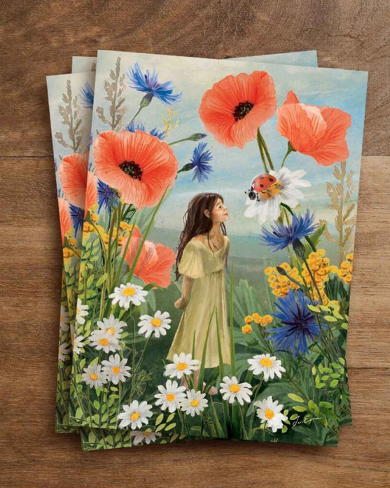 Illustratiekaart Admiration met een meisje en lieveheersbeestje tussen klaprozen, margrieten en korenbloemen.
