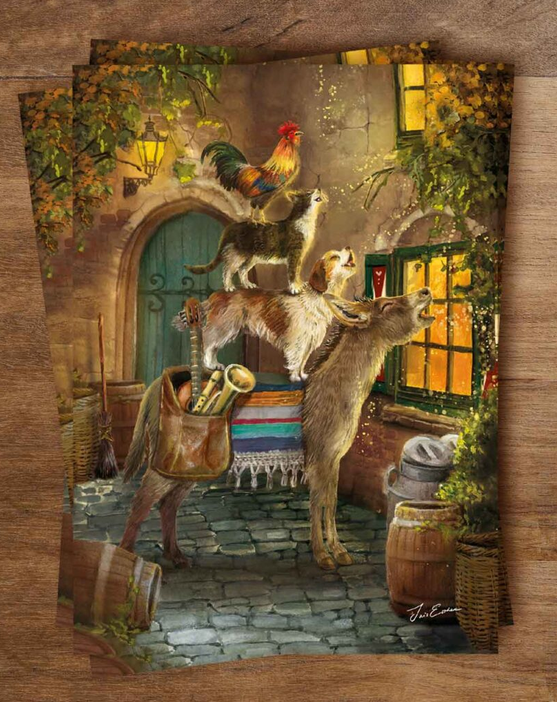 Illustratiekaart De Bremer Stadsmuzikanten met ezel, hond, kat en haan.