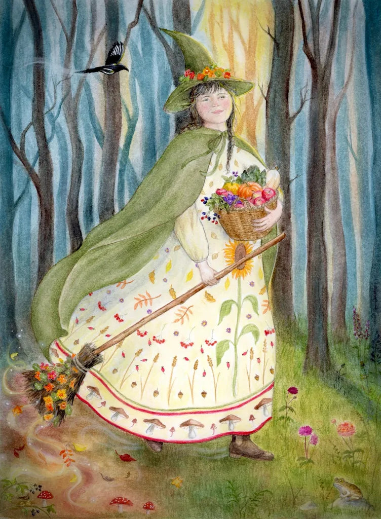 Ansichtkaart Arrival of Autumn van Mhairi Hellbrandt Illustraties met een heks in het maanlicht