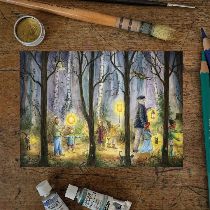 Ansichtkaart Lantaarnwandeling / Lantarn Walk – Mhairi Hellbrandt Illustrations