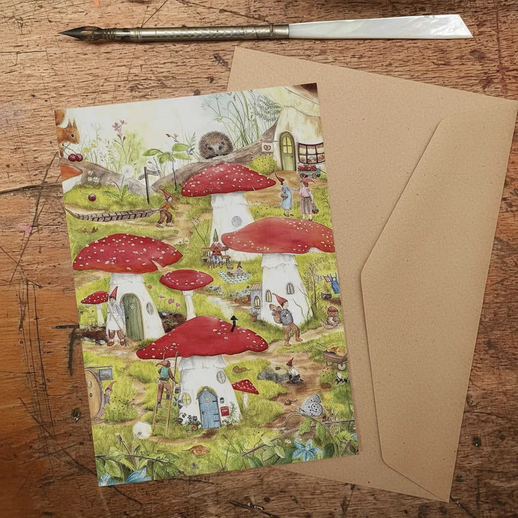 Wenskaart Toadstool Village van Mhairi Hellbrandt Illustraties met een sprookjesachtige paddenstoelendorp met kabouters en bosdieren