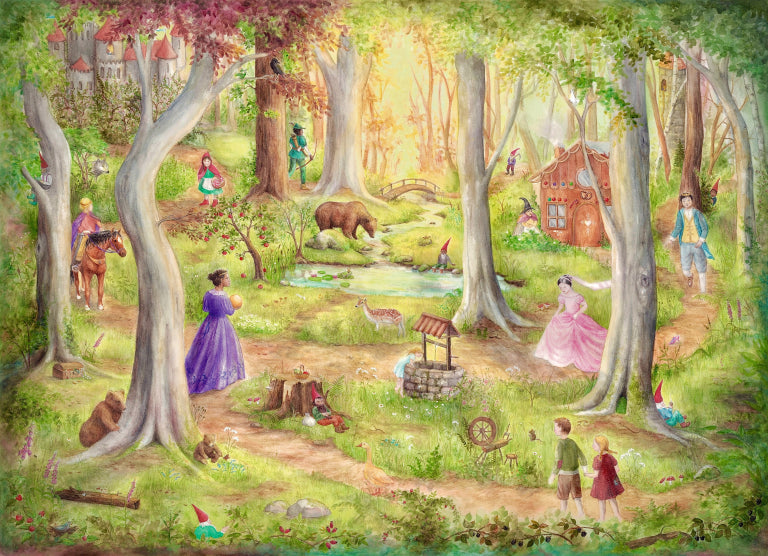 Ansichtkaart Fairytale Forest van Mhairi Hellbrandt Illustraties met een bos vol bekende sprookjesfiguren, zoals roodkapje en assepoester