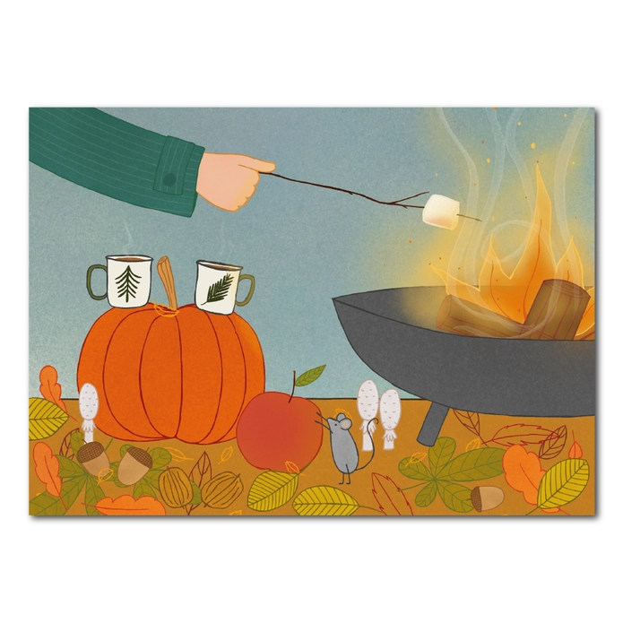Herfst ansichtkaart met een vuurtje, marshmallows en warm drankje van Studio Kvinna
