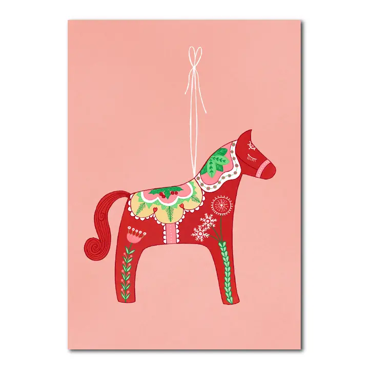 Handgetekende ansichtkaart met een Dala paardje Kerst hanger van Studio Kvinna