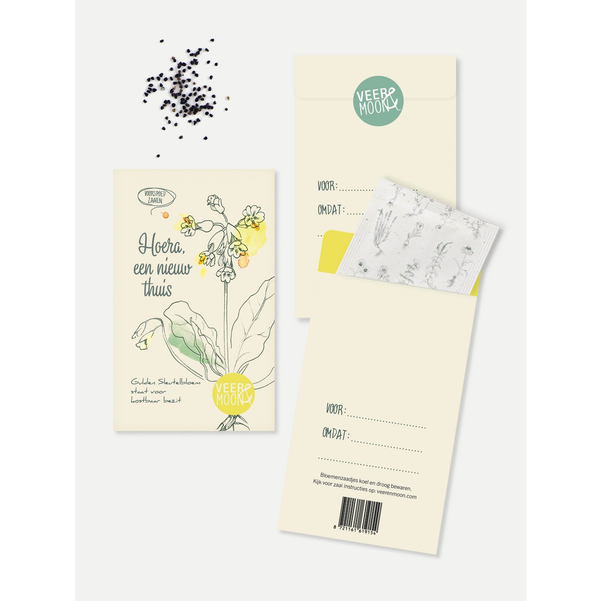 Bloemenzaden 'Hoera, een nieuw thuis' met Gulden Sleutelbloem - Veer&Moon