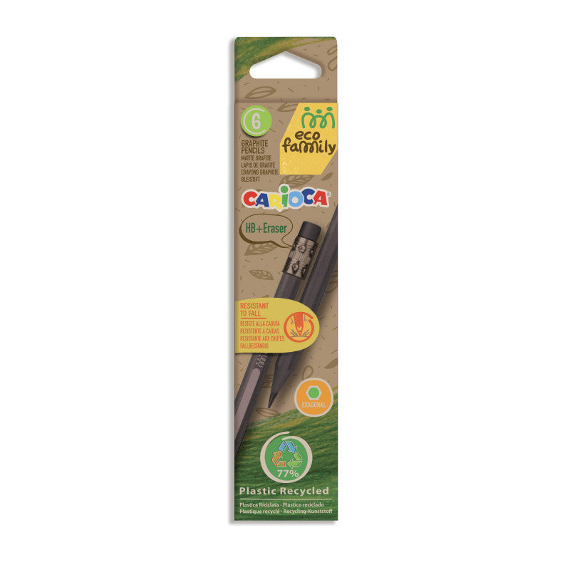 Eco Family HB Schrijfpotloden + gum 6-pack - 77% recycled plastic - Carioca