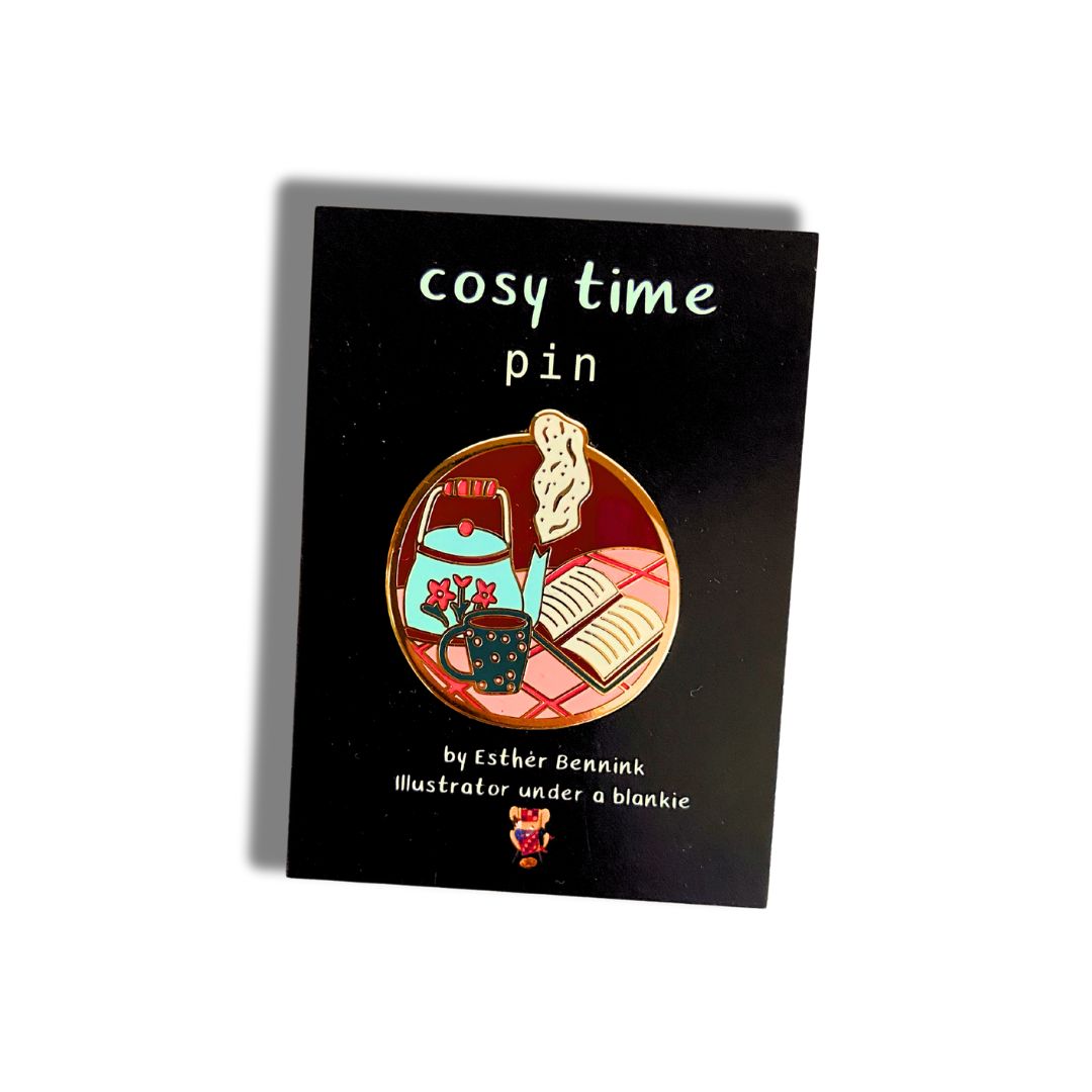 Cosy Time Pin (Fika & Hygge) - Illustrator under a blankie