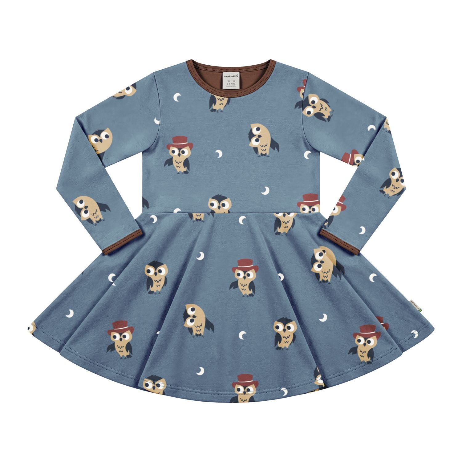 Jurk van Maxomorra met owl print in het blauw van biologisch katoen