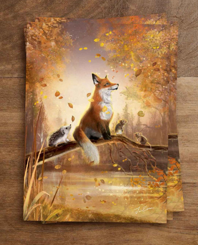 iris Esther ansichtkaart met een vos, egel en muisjes die genieten van de mysterieuze herfstnacht in het maanlicht