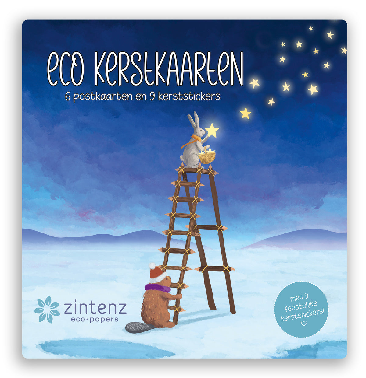 Eco kerstkaartenset KKS24 van Zintenz met 6 kerstkaarten, 9 stickers en duurzaam PaperWise-papier