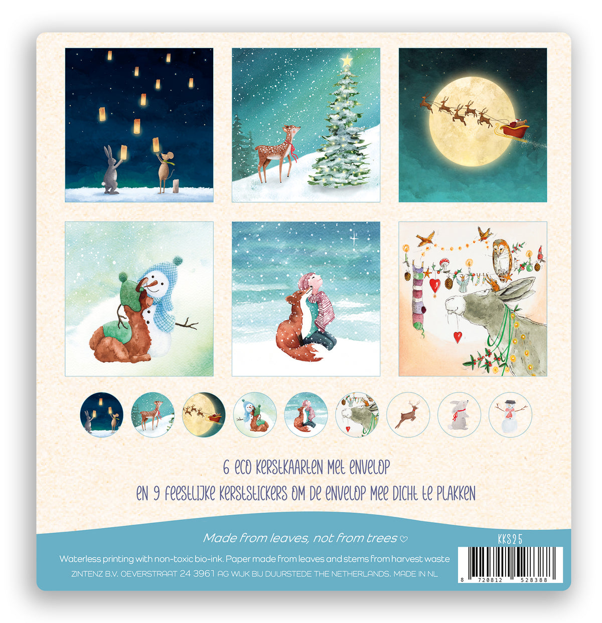 Eco Kerstkaarten KKS25 Set 6 st. + 9 stickers – Zintenz