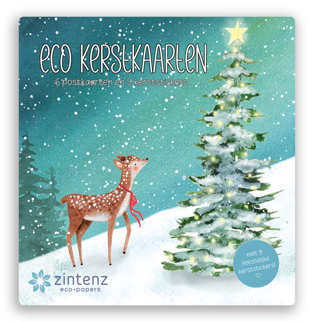 Duurzame kerstkaarten KKS25 van Zintenz, set van 6 kaarten met 9 eco kerststickers