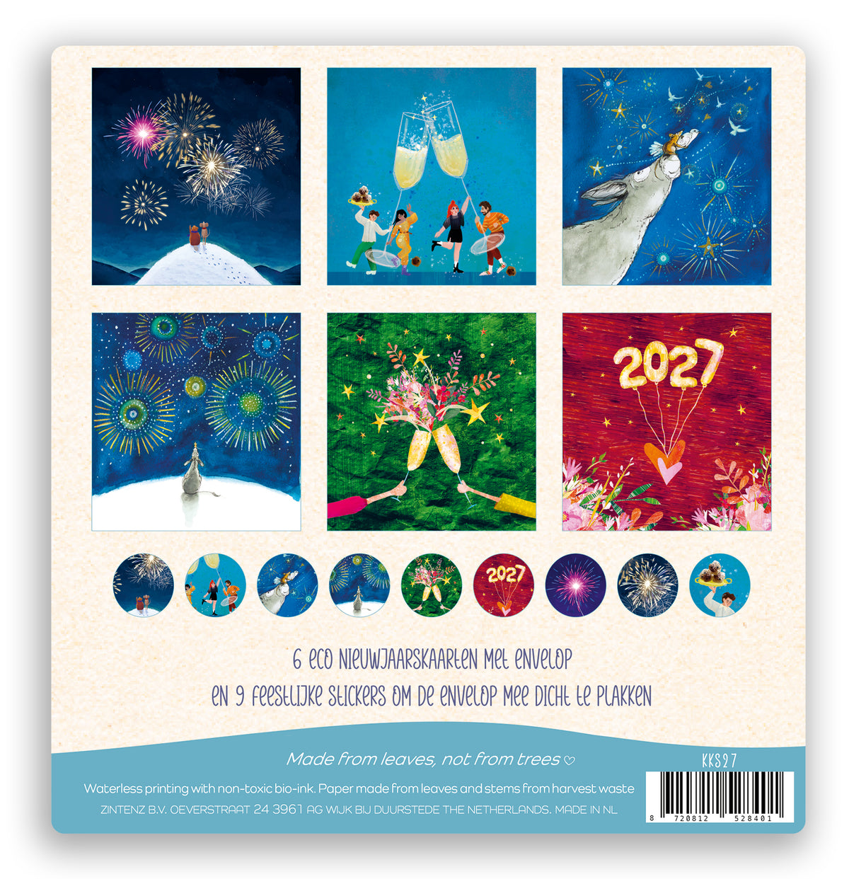 Eco Nieuwjaarskaarten / Kerstkaarten KKS27 Set 6 st. + 9 stickers – Zintenz