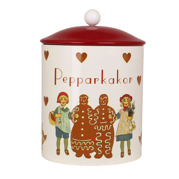 Rond metalen koekblik Aina Pepparkakor van Strömshaga voor Zweedse gemberkoekjes met tekst "Pepparkakor".