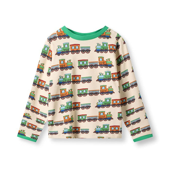 Smafolk longsleeve gala met vrolijke treinen in groen en naturel van biologisch katoen