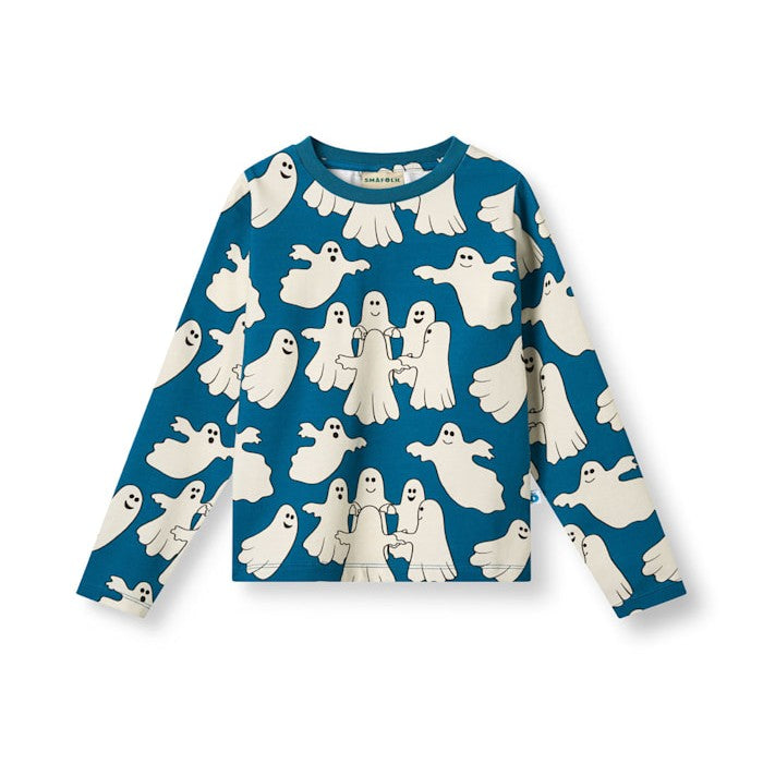 Smafolk longsleeve gala met dansende spooken in blauw van biologisch katoen