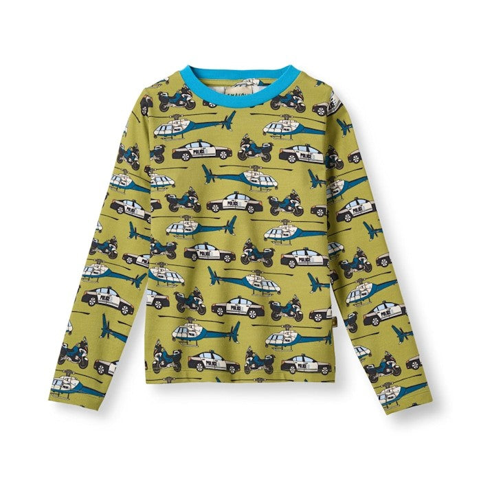 Smafolk longsleeve gala met politie voertuigen in groen van biologisch katoen