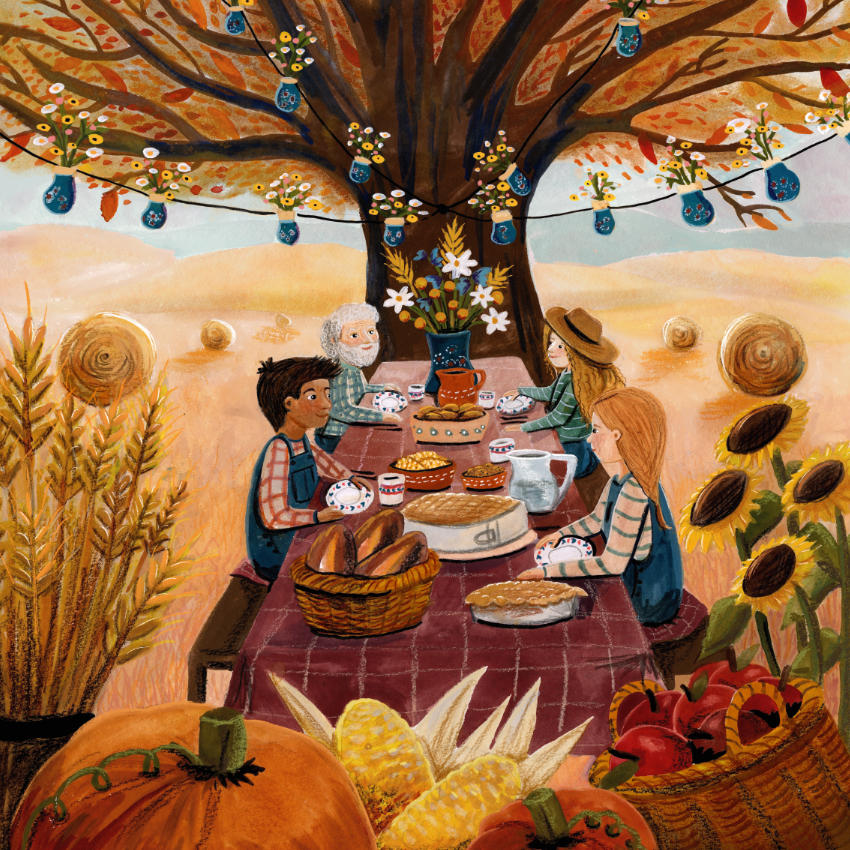 Toverplaat oogstfeest / Magic sheet harvest celebration - Illustrator under a blankie