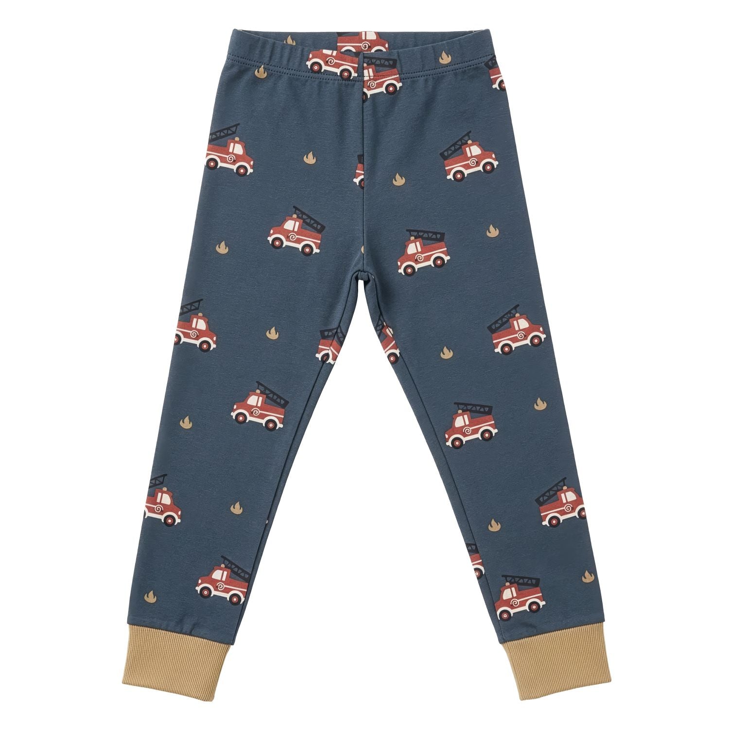 Pyjama broek van Maxomorra met stoere brandweerwagen print in het leiblauw van biologisch katoen