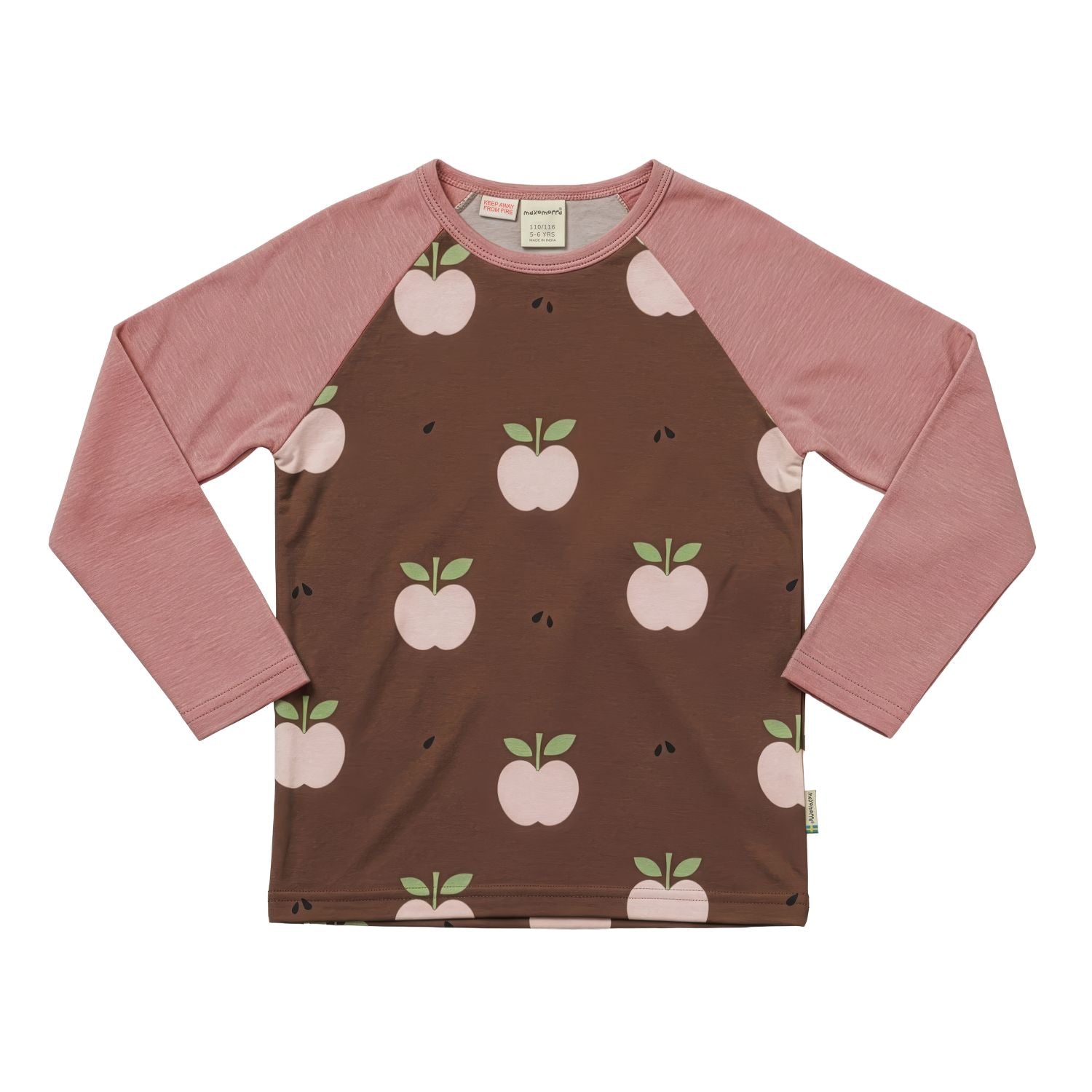 Pyjama shirt van Maxomorra met vrolijke appeltjes en roze raglanmouwen van biologisch katoen