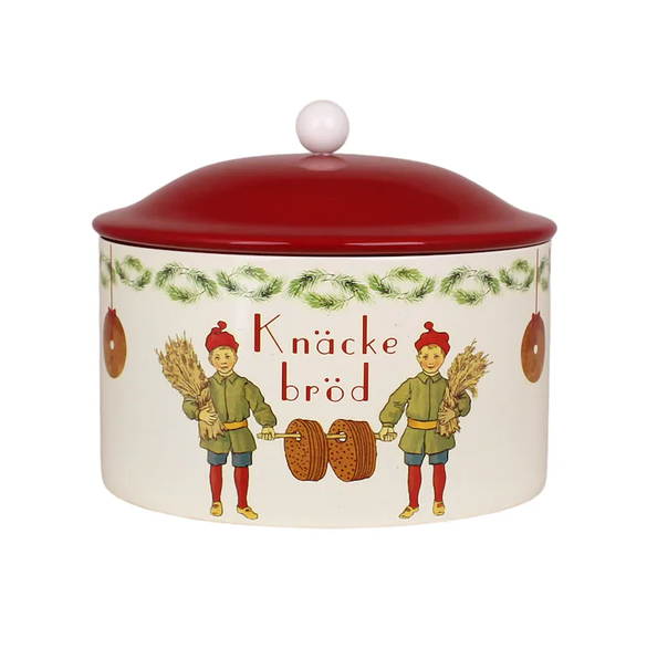 Groot rond voorraadblik Aina Knäckebröd met tekst "Knäckebröd" van het Zweedse Strömshaga voor het bewaren van Zweeds knäckebröd of andere droogwaren