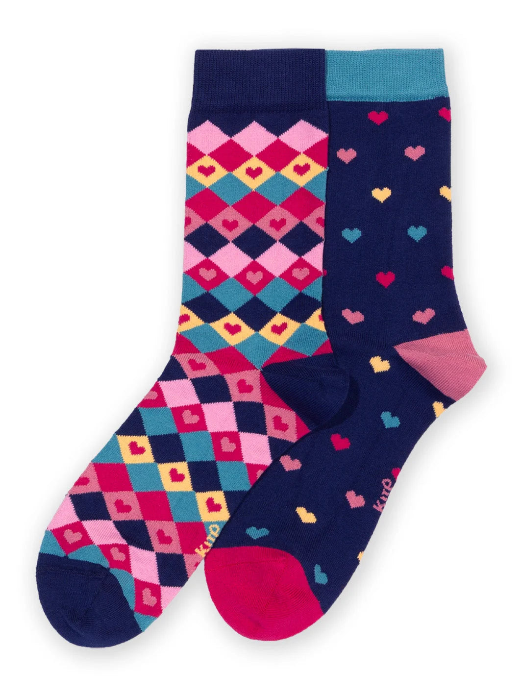 Kite Diamond Heart damessokken 2-pack met kleurrijke ruiten en hartjes van biologisch katoen