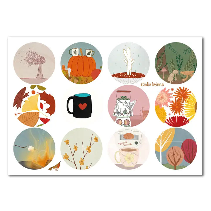 Stickervel met 12 handgetekende hygge stickers van Studio Kvinna