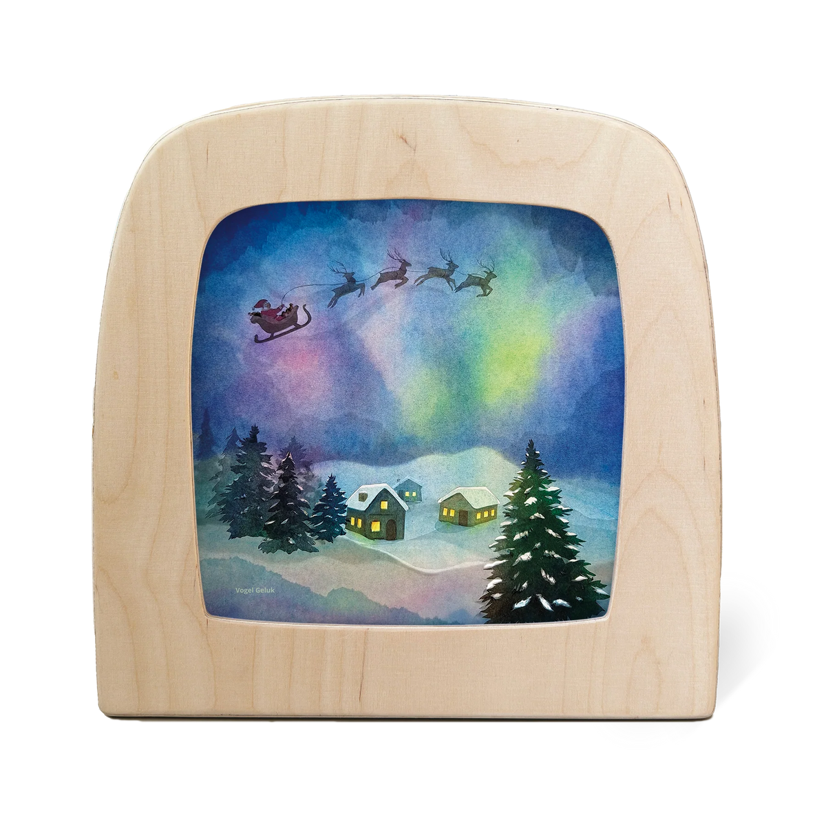 Toverlux Toverplaat Noorder Sleetocht van Vogel Geluk waar de Kerstman in zijn slee met rendieren vliegt over besneeuwde huizen met het Noorderlicht