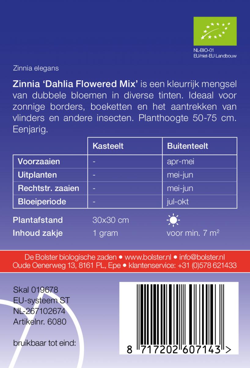 Zinnia 'Dahlia Flowered Mix' biologische zaden - De Bolster