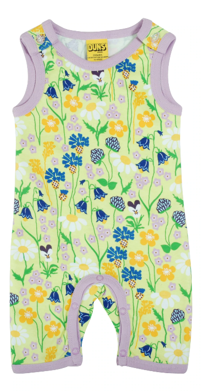 Playsuit / Summer Dungarees w Short Leg Midsummer Flowers Sharp Green - Duns Sweden