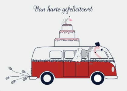 Wenskaart huwelijk taart busje - Aardkaart