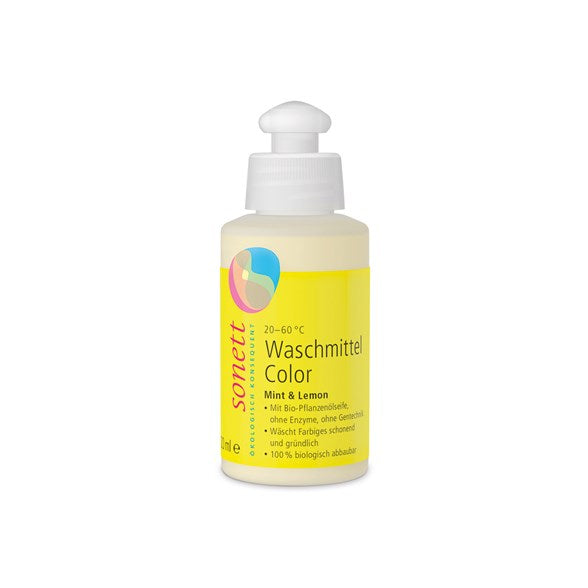 Sonett vloeibaar wasmiddel Colour Mint & Lemon voor gekleurde en donkere was in mini verpakking voor op reis