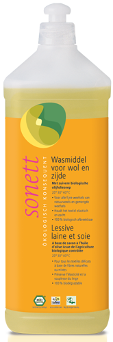 Sonett vloeibaar wasmiddel Wol & Zijde op basis van olijfoliezeep met subtiele geur van biologische etherische lavendelolie