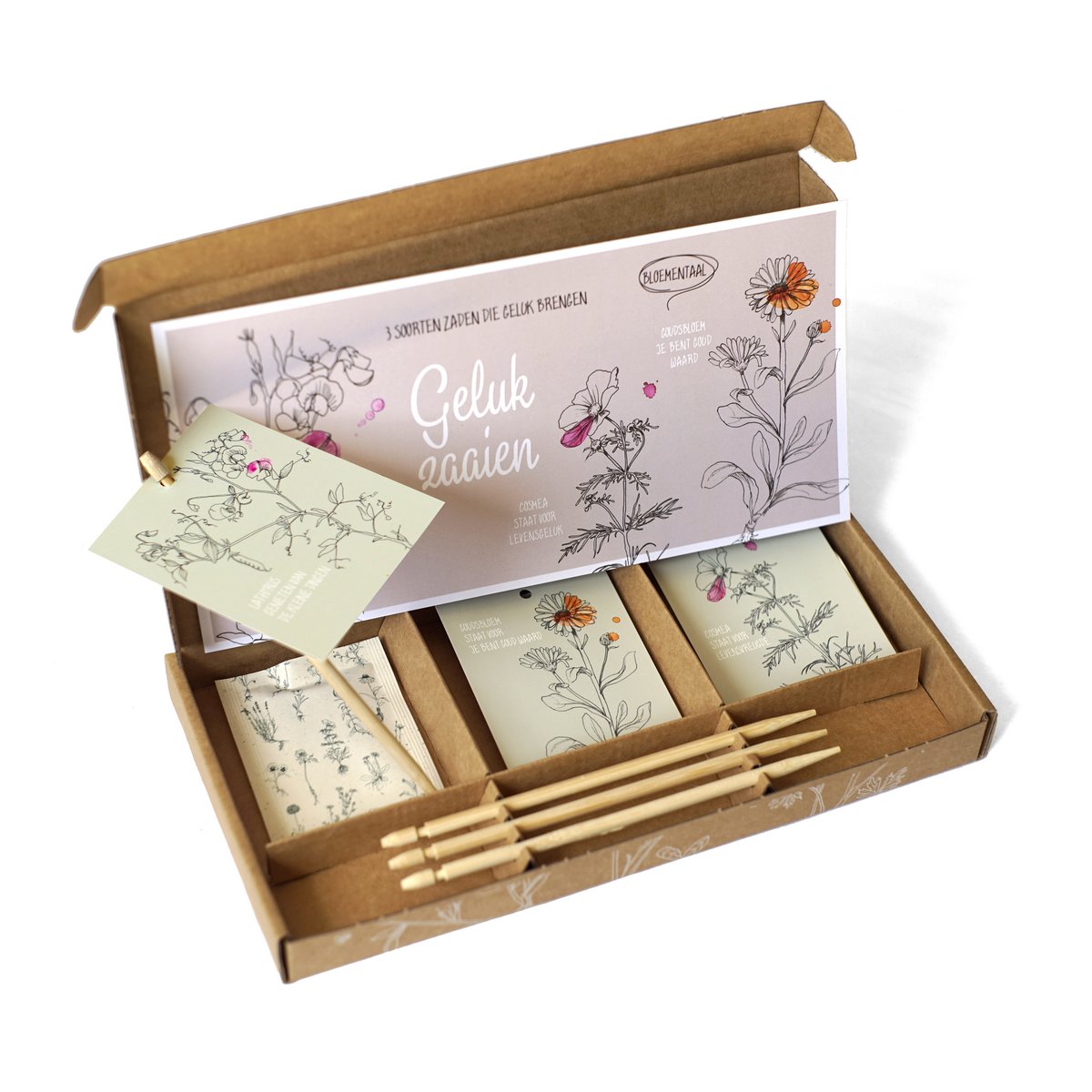 Cadeaudoosje Geluk zaaien 3 x bloemzadensoorten - Veer&Moon