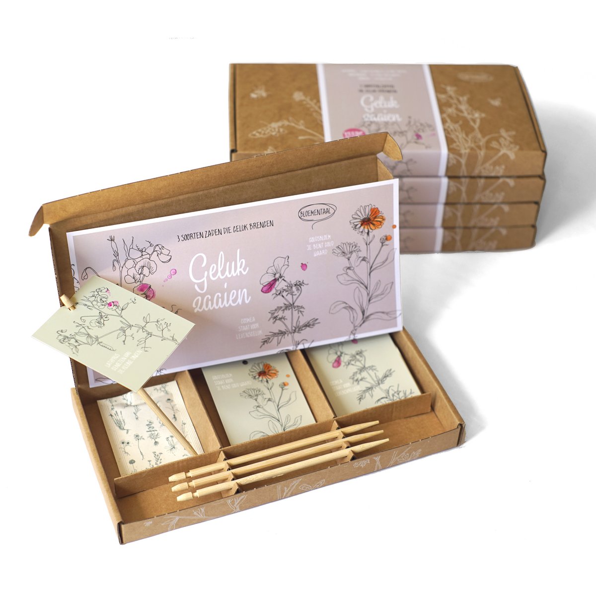 Cadeaudoosje Geluk zaaien 3 x bloemzadensoorten - Veer&Moon