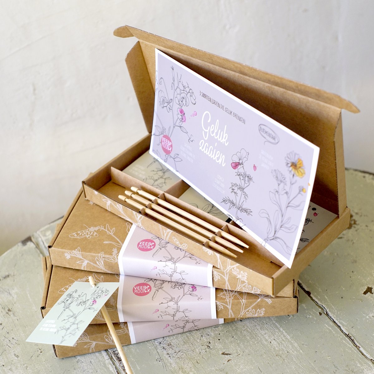 Cadeaudoosje Geluk zaaien 3 x bloemzadensoorten - Veer&Moon