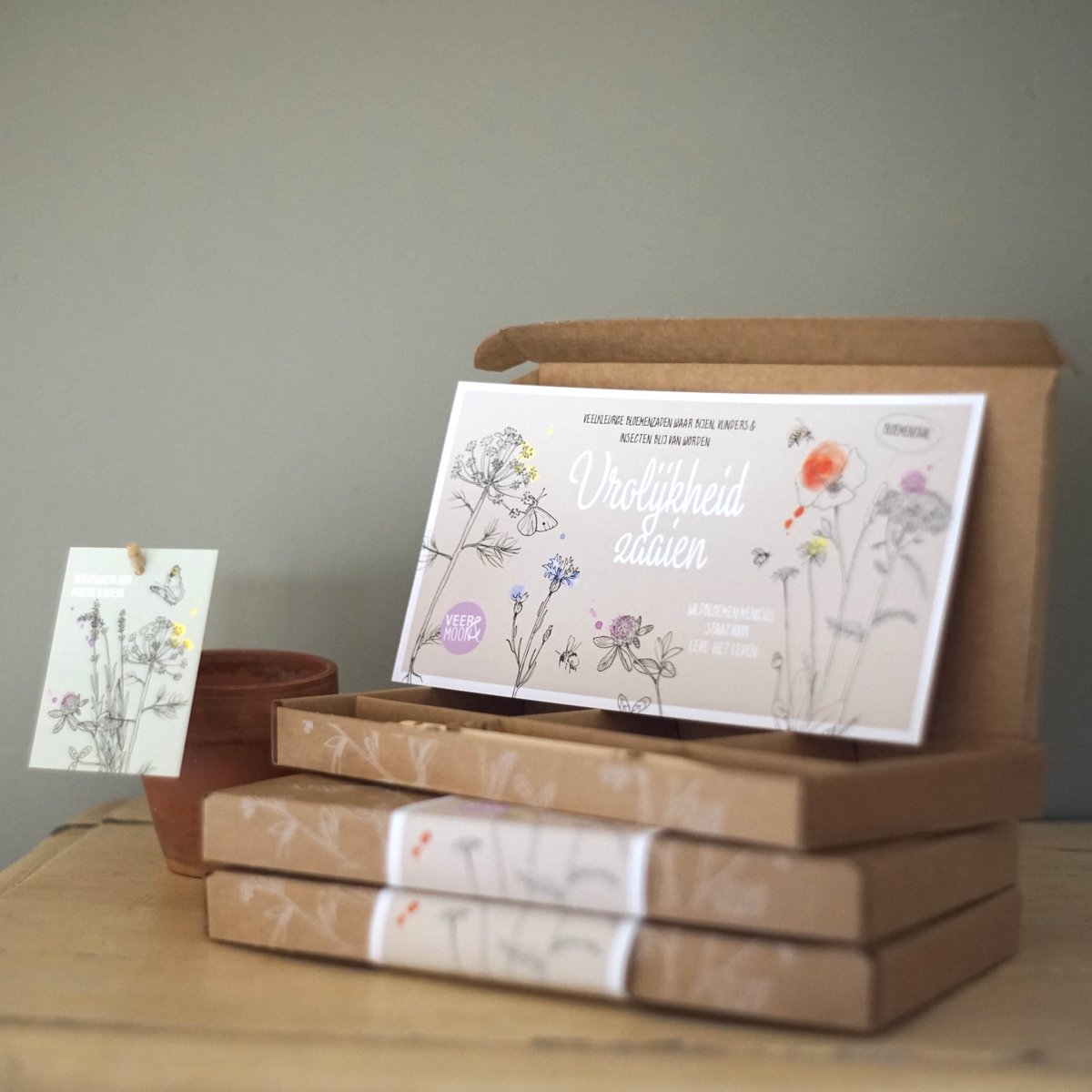 Cadeaudoosje Vrolijkheid zaaien 3 x bloemzadenmengsels- Veer&Moon