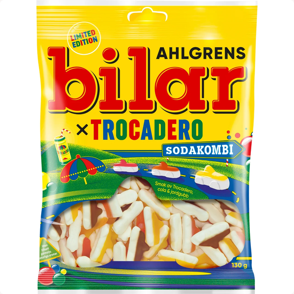 De limited edition van Ahlgrens bilar: Sodakombi x Trocadero snoepmix die de textuur van de bekende Zweedse schuimautootjes combineert met verfrissende frisdranksmaken.