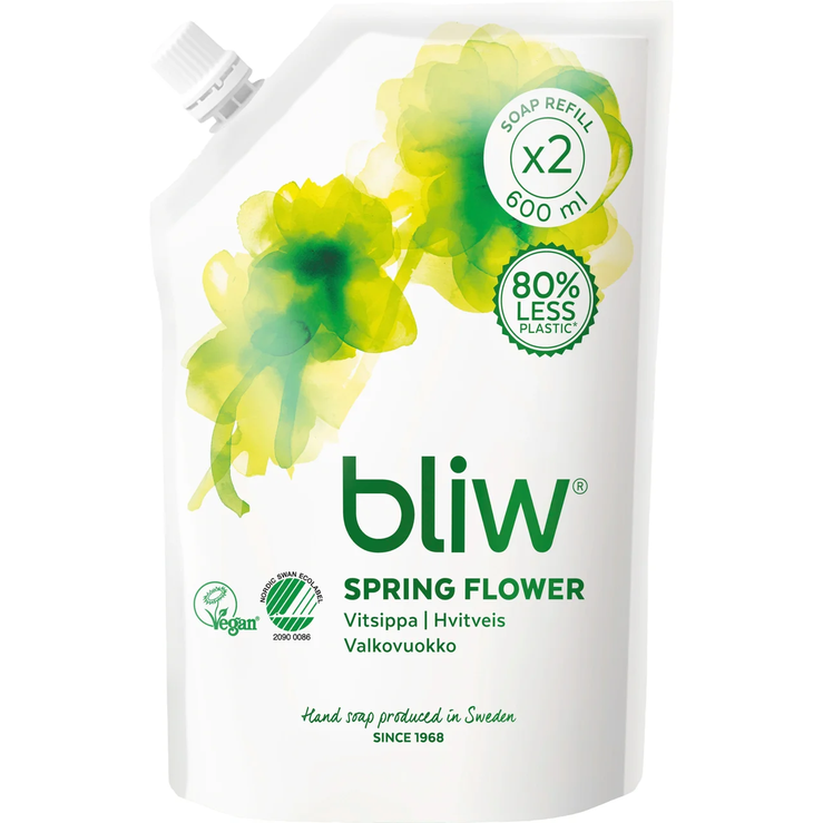 Bliw Vtsippa Spring Flower in navulverpaking is een milde zeep met fruitig-bloemengeur met  uitstekende hydraterende eigenschappen, gemaakt in Zweden en Nordic Swan-milieukeurmerk