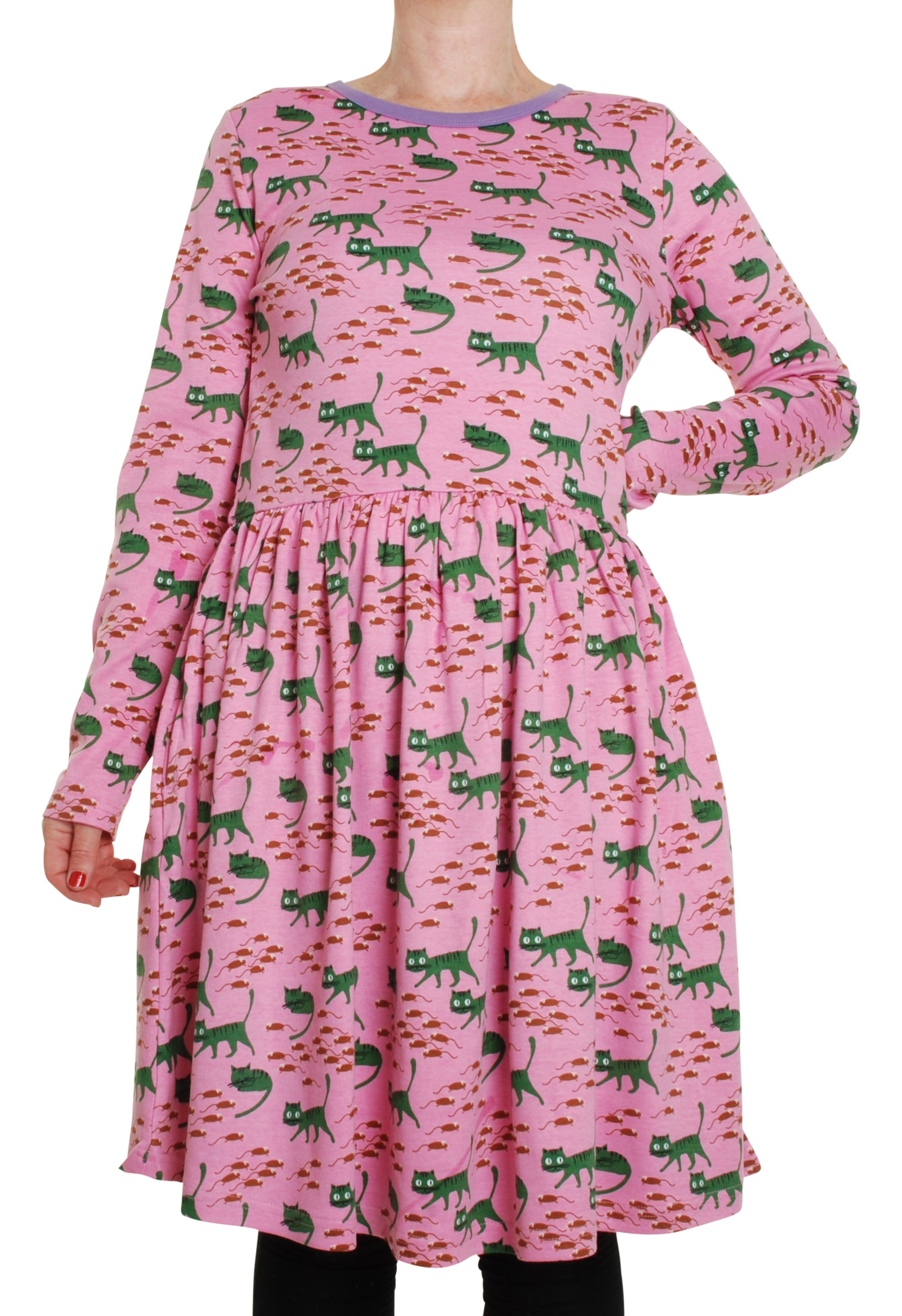 Adult Jurk / Long Sleeve Dress With Gathered Skirt Cat Pink S-XXL - Duns Sweden