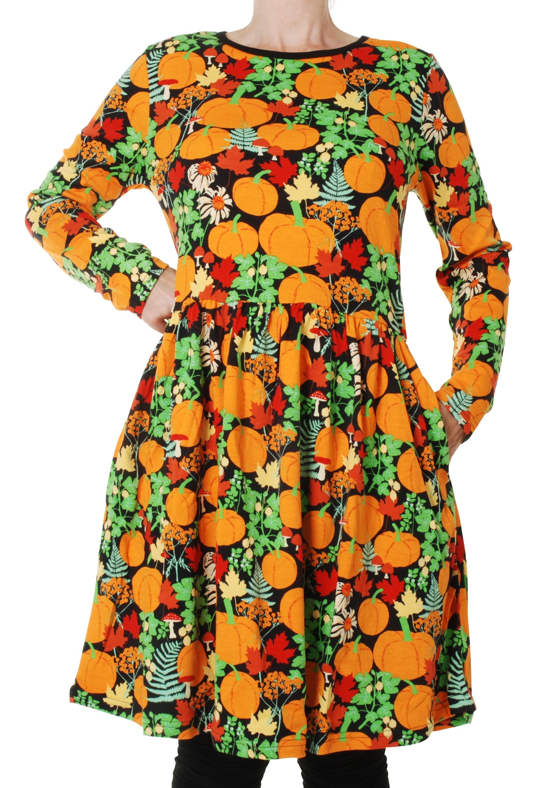 Adult Jurk / Long Sleeve Dress With Gathered Skirt Autumn Garden Black S-4XL - Duns Sweden