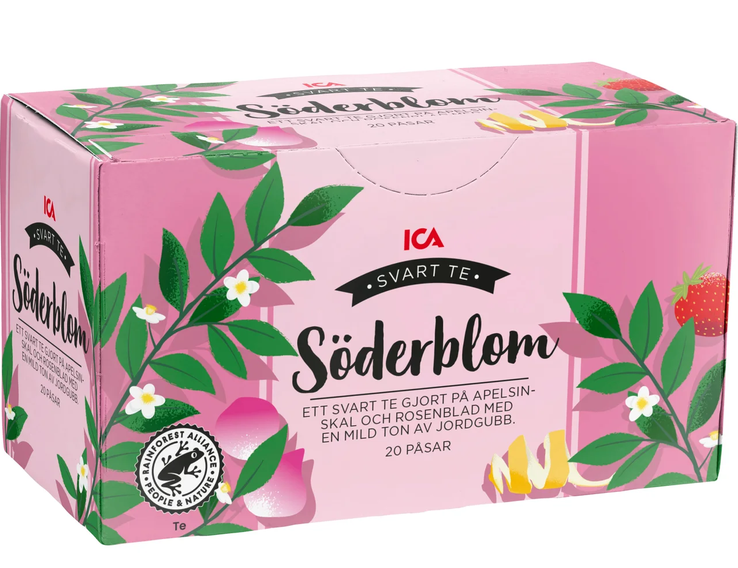 Söderblom thee van de ICA uit Zweden: Heerlijke zwarte thee melange met sinaasappelschil, rozenblaadjes, goudsbloem, stukjes aardbei en vlierbes. 
